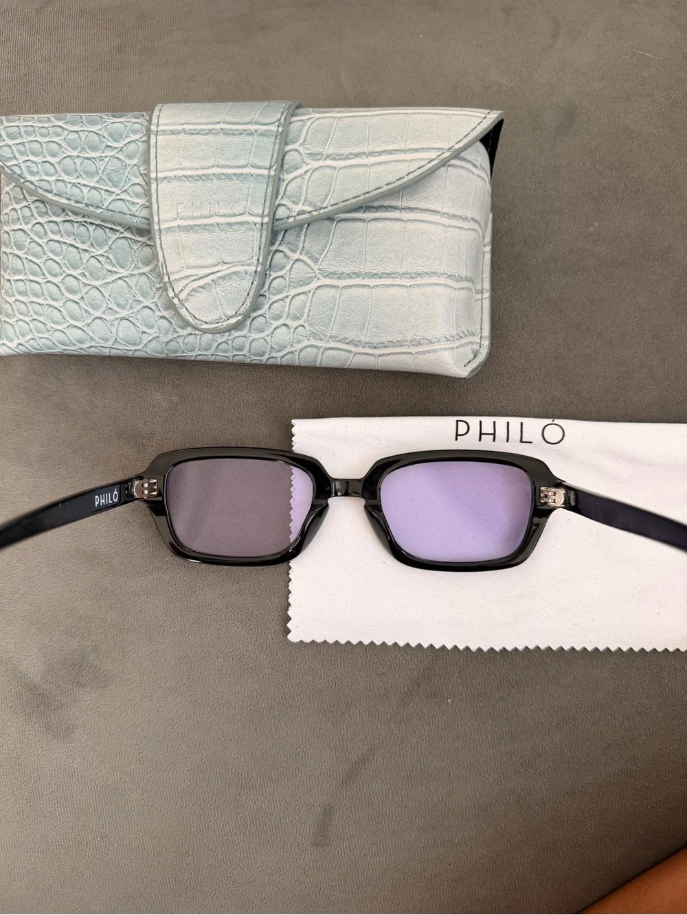 Philo Hugo Black Rectangle Sunglasses with Purple Lenses